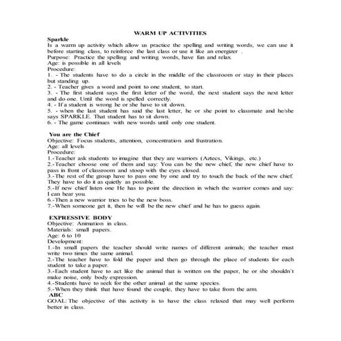 Warm up activities | DOCX