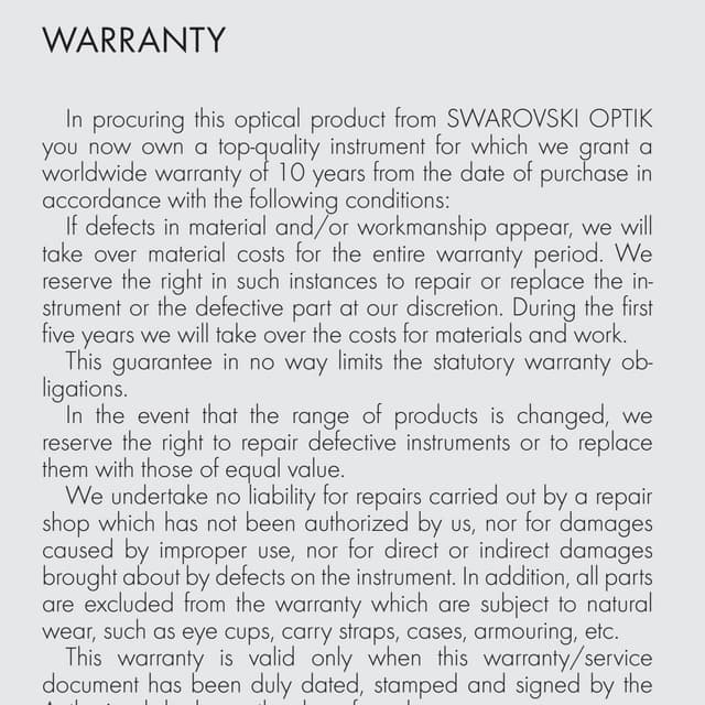 Warranty Swarovski NL Pure Binoculars Optics Trade PDF