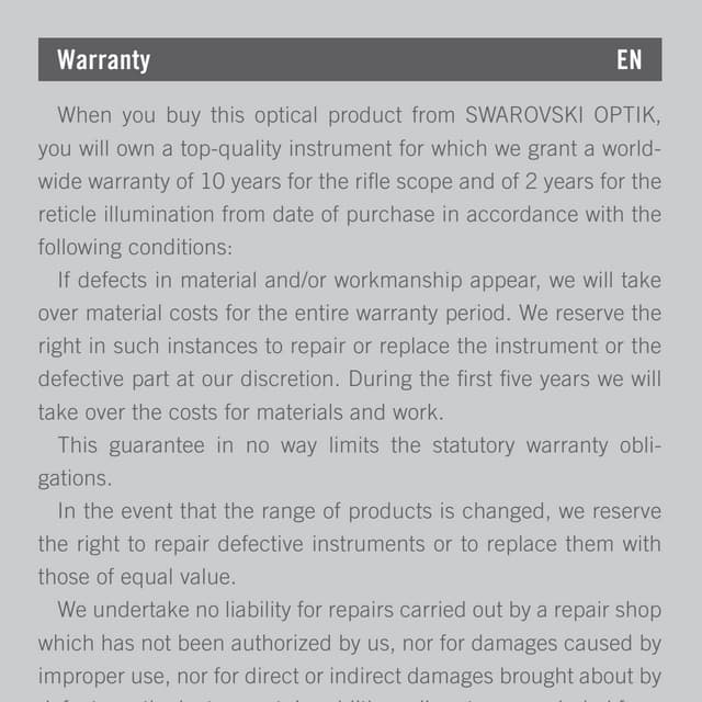 Warranty SWAROVSKI Riflescopes Optics Trade PDF