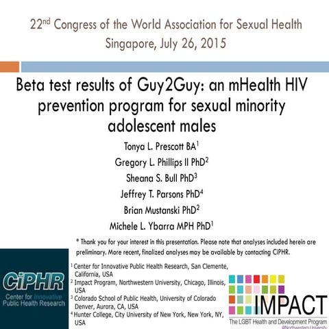Beta test results of Guy2Guy: an mHealth HIV prevention program for sexual mi...
