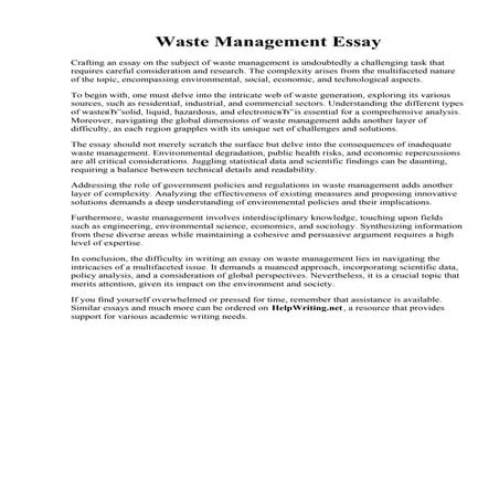 Waste Management Essay. Waste Management Essay Example  Topics and Well Written Essays - 750 words