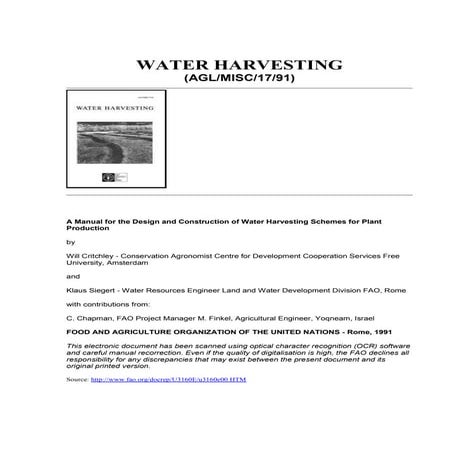 UN;  Water Harvesting:  A Manual for the Design and Construction of Water Har...