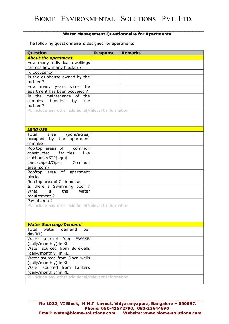 water management questionnaire for apartments