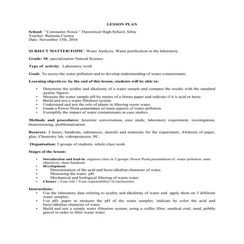 Water Purification in the Laboratory - Lesson Plan