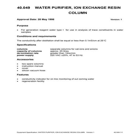 Water purifier ion exchange resin column