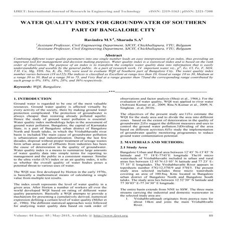 Water quality index for groundwater of southern part of bangalore city ...