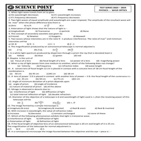 WAVE OPTICS.pdf for class 12th students | PDF