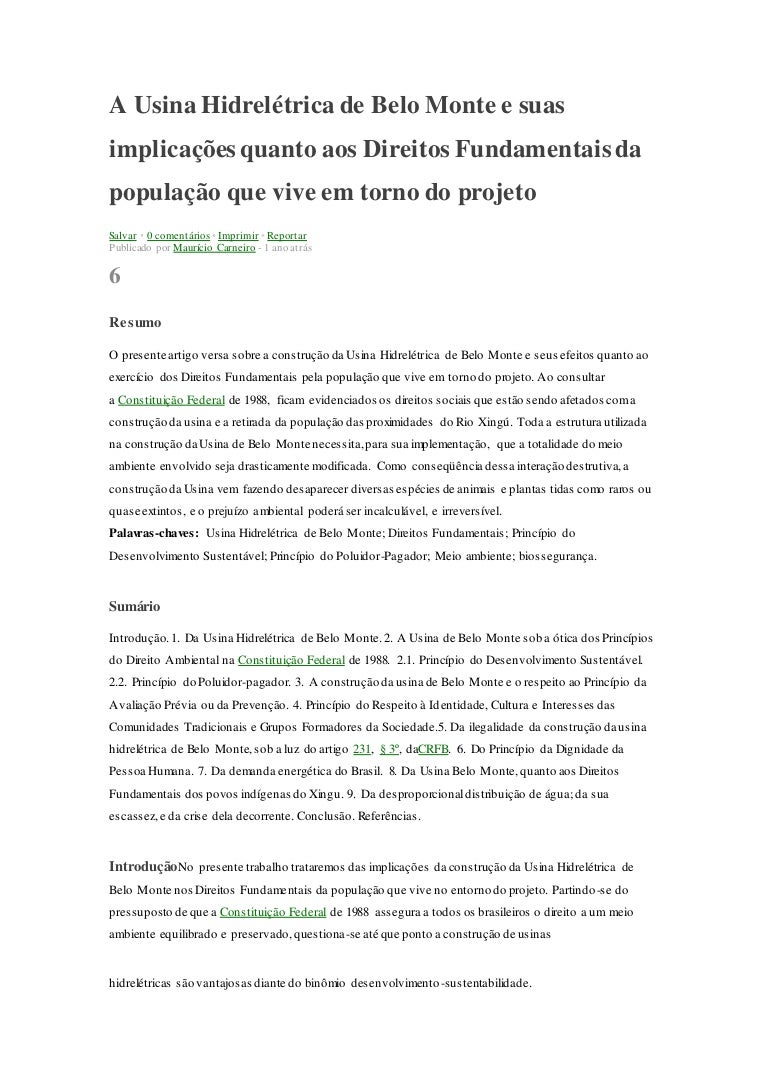 A Usina Hidreletrica De Belo Monte E Suas Implicacoes Quanto Aos Dire