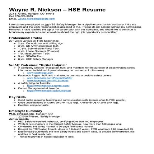 Wayne nickson, HSE Resume