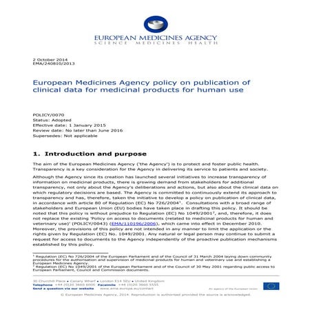 European Medicines Agency policy on publication of clinical data for ...