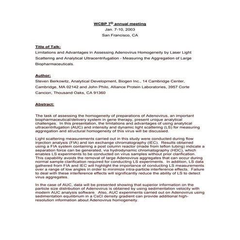 Limitations and Advantages in Assessing Adenovirus Homogeneity by Laser Light...