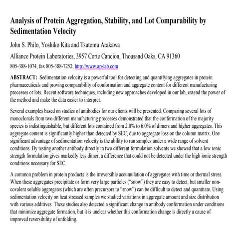 Analysis of Aggregation, Stability, and Lot Comparability by Sedimentation Ve...