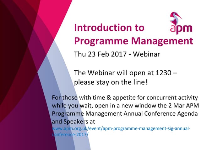 Webinar - Introduction to Programme Management, 23 February 2017, Alan Macklin