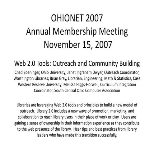 Web 2.0 Tools: Outreach and Community Building