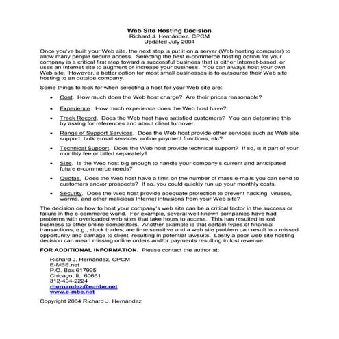 Web Site Hosting Decision