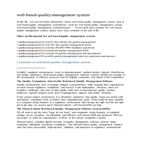Web based quality management system