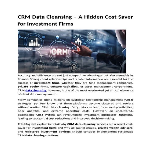 CRM Data Cleansing – A Hidden Cost Saver for Investment Firms