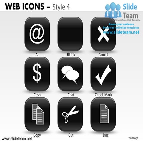 Web icons mail music paint paste design 4 powerpoint presentation slides.