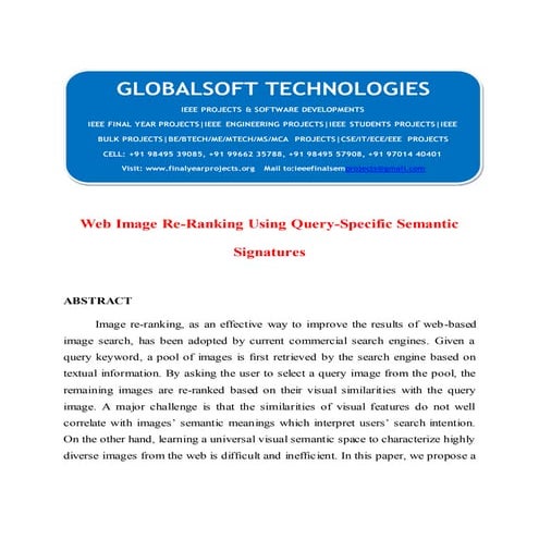 2014 IEEE DOTNET CLOUD COMPUTING PROJECT Web image re ranking using query-specific semantic signatures