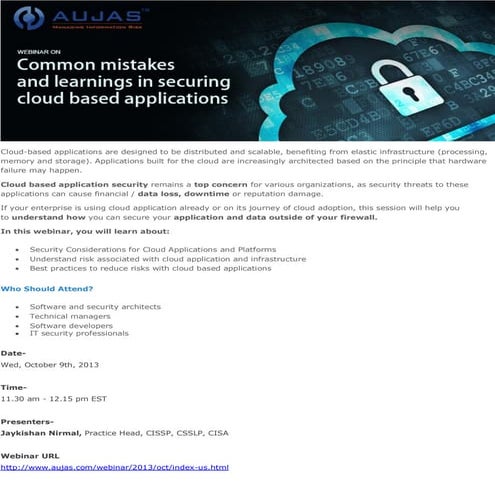 Webinar on Common Mistakes and Learnings in Securing Cloud Based Applications