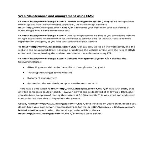 Web maintenance and management using cms