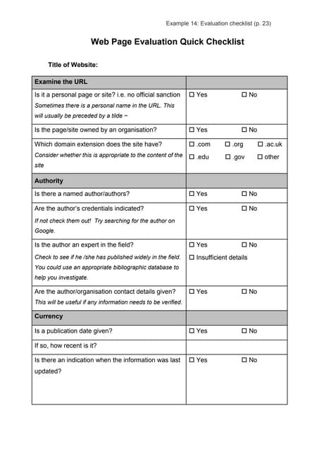 Web page evaluation quick checklist