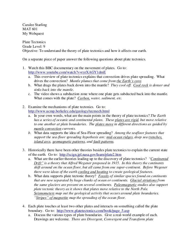 photo Plate Tectonics Webquest Key webquest answers