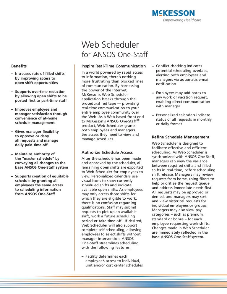 Web Scheduler For ANSOS One Staff