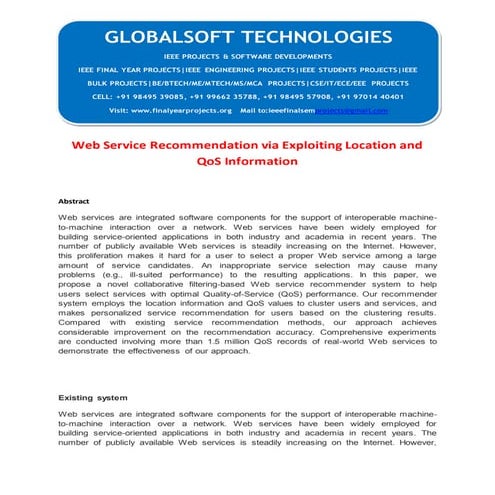 2014 IEEE JAVA PARALLEL DISTRIBUTED PROJECT Web service recommendation via ex...
