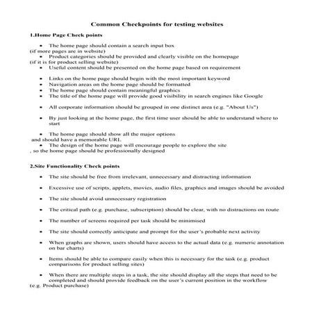 Common Checkpoints for testing websites