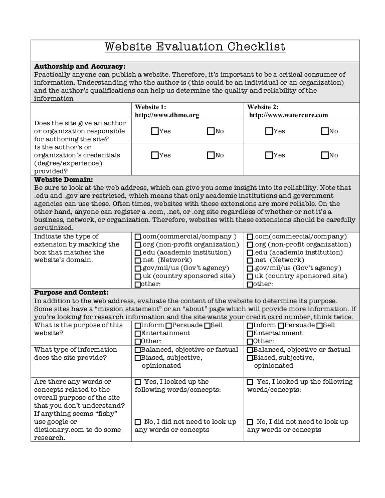 website evaluation checklist website evaluation