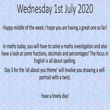 Wednesday 1st july 2020