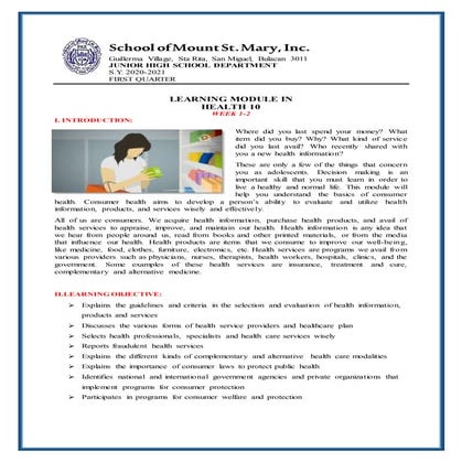 Health10: Consumer Health First Quarter Blended Module 