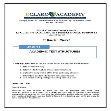 English for Academic Purposes Lesson s 1