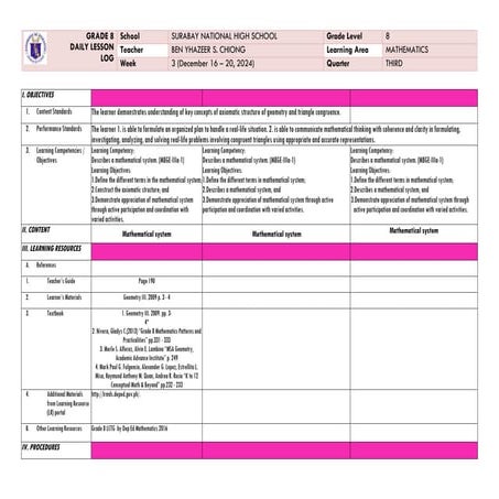Daily Lesson Log For Grade 8 Math Week 3 Docx