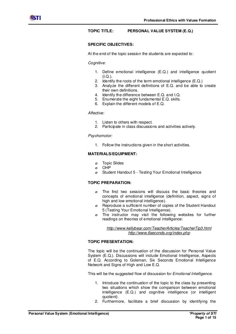 Week 8 Sessions 21 23 Personal Value System E Q