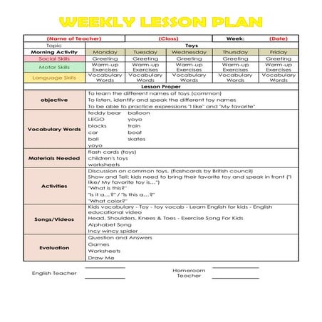 Weekly Lesson Plan: Toys