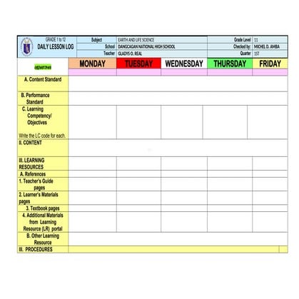 Daily Lesson Log Template for Deped Senior High School | DOCX