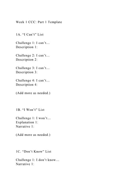 Week 1 CCC Part 1 Template1A. I Can’t” ListChallenge 1 .docx