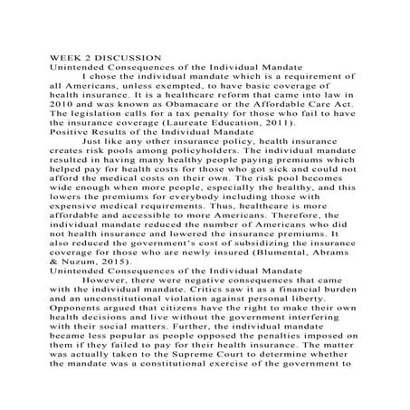 WEEK 2 DISCUSSIONUnintended Consequences of the Individual Manda.docx