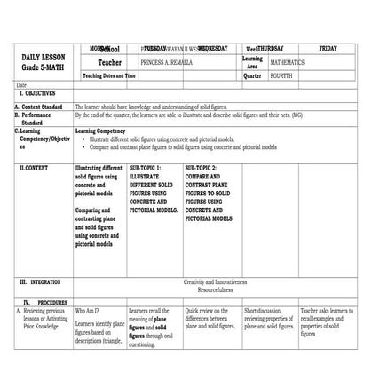 nets of solid figures lesson grade VI (explicit lesson plan k-12) | DOCX