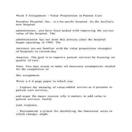 Week 3 assignment   value proposition in patient care paradise ho