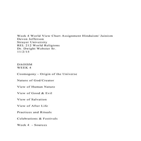 Week 4 World View Chart Assignment Hinduism JainismDe.docx