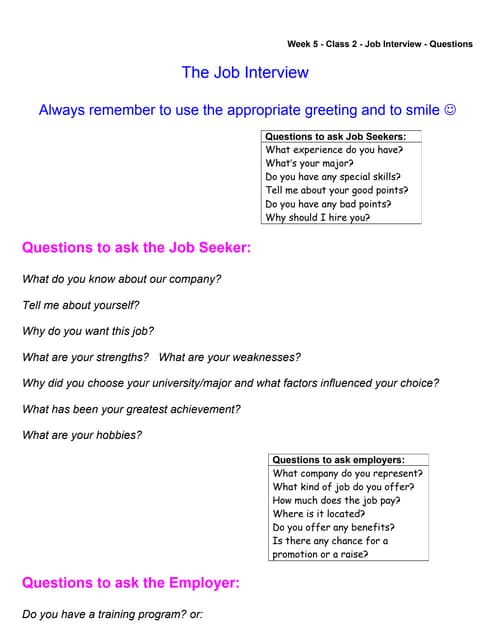 Week 5 class 2 job interview questions PDF Week 5 class 2 job interview questions PDF