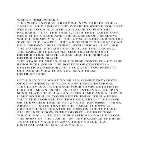 WEEK 5 HOMEWORK 5THIS WEEK INVOLVES READING NEW TABLES, THE t-TA.docx