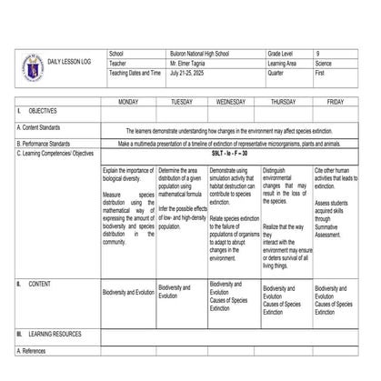 Biodiversity Daily Lesson Plan - Grade 8 Science | DOCX