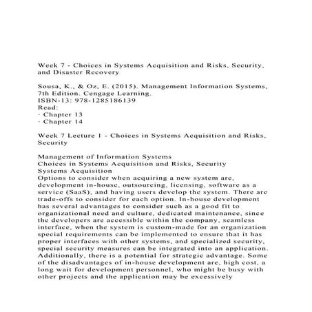 Week 7 - Choices in Systems Acquisition and Risks, Security,.docx