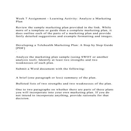 Week 7 Assignment - Learning Activity Analyze a Marketing Plan | DOCX