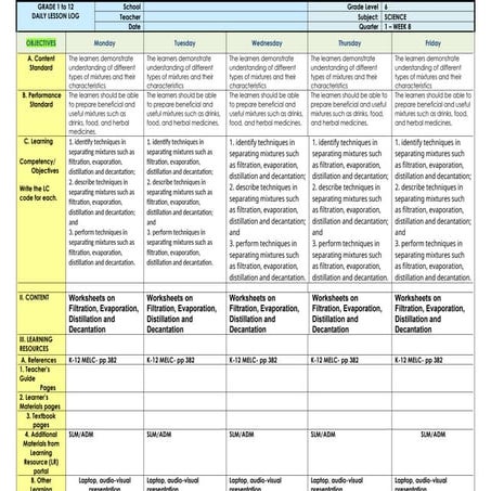 Comprehensive Grade 6 Science Lesson Plan on Mixtures and Separation ...
