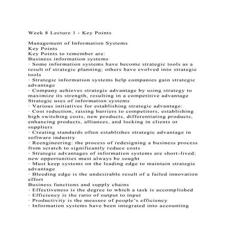 Week 8 Lecture 1 - Key PointsManagement of Information Systems.docx